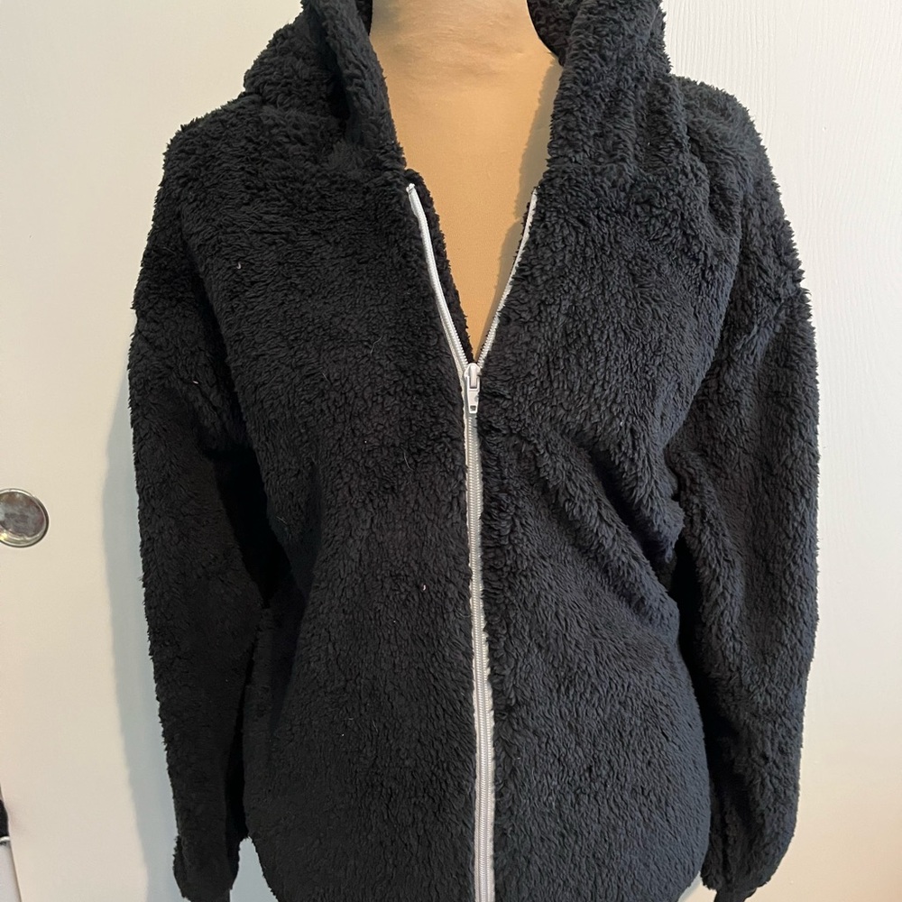 Cozy Black Sherpa Zip-Up Hoodie medium women’s girls new